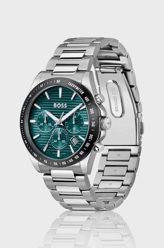LINK-BRACELET CHRONOGRAPH WATCH WITH GREEN GROOVED DIAL
